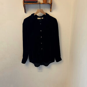 LOFT Ann Taylor Vintage Black Velvet Button Down Blouse M Silk Blend